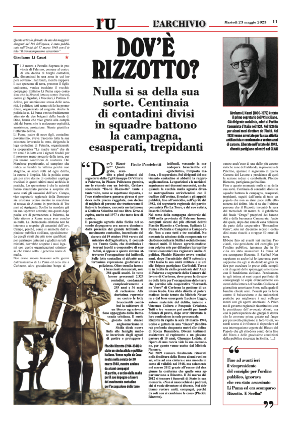 «Dov’è Placido Rizzotto?», il dirigente della camera del lavoro di ...